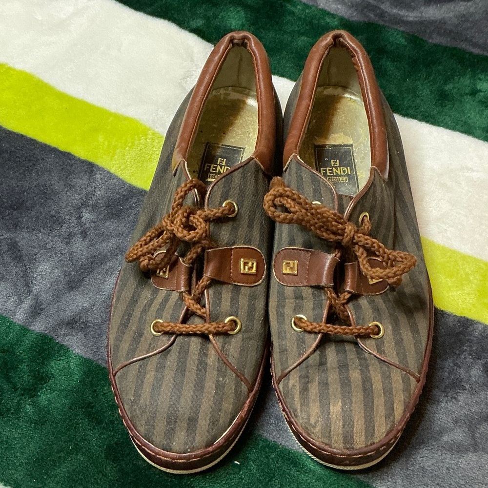 Fendi Brown and Gray Striped Boat Shoes - Picture 3 of 11